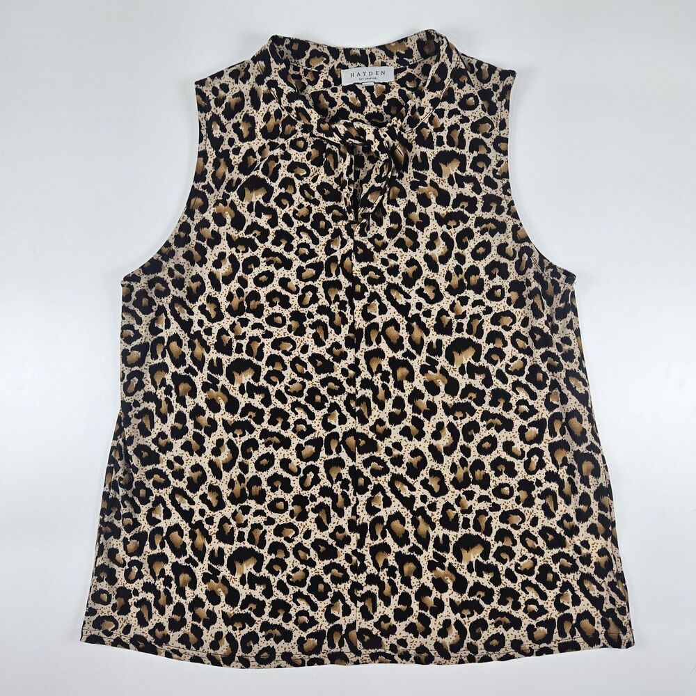 Hayden LA Leopard Animal Print Sleeveless Tie-Neck Collared Keyhole Blouse Top L - Picture 7 of 10